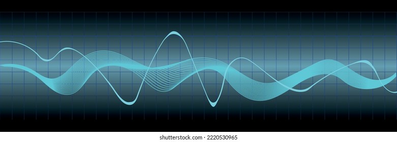 Sound waves, oscillating glow, abstract technology background with equalizer grid