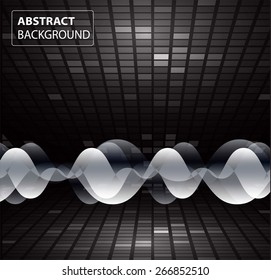 Sound waves oscillating glow black light, Abstract technology background. Vector.