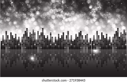 Sound waves oscillating glow black light, Abstract technology background. Vector. city. building. bokeh. star