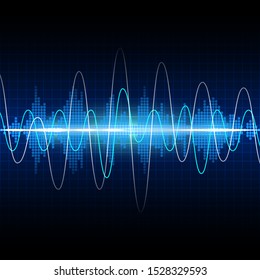 Sound waves oscillating glow blue light. Abstract sound radio wave technology background vector.