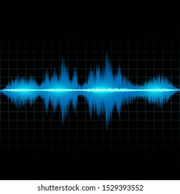 Sound waves oscillating glow blue light. Abstract sound radio wave technology background vector.