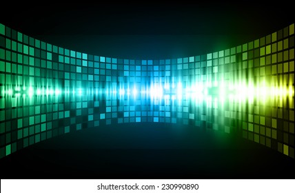 Sound waves oscillating glow blue yellow green light, Abstract graphic computer technology background. Vector. pixels mosaic background.