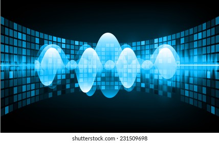 Sound waves oscillating glow blue light, Abstract technology background. Vector. pixel.