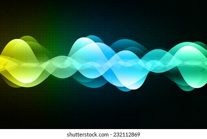 Sound waves oscillating glow blue yellow green light, Abstract technology graphic Computer background. Vector. 