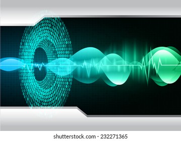 Sound waves oscillating glow blue light, Abstract technology graphic computer background. Vector. 