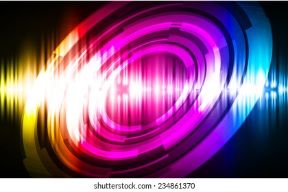 Sound waves oscillating glow blue yellow pink light, Abstract technology background. 