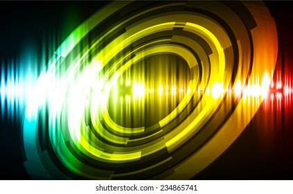Sound waves oscillating glow blue yellow red light, Abstract technology background. 