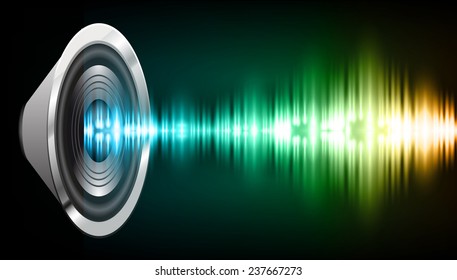 Sound waves oscillating glow blue green orange light, Abstract technology background. Vector. speakers.
