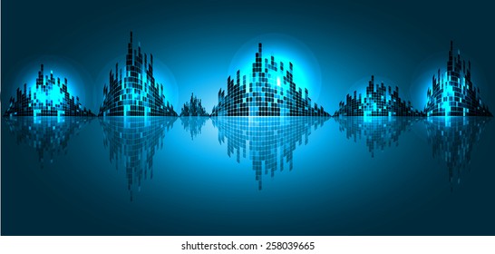 Sound waves oscillating glow blue light, Abstract technology background. Vector. city. building