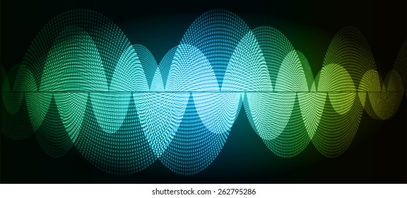 Sound waves oscillating glow blue green yellow light, Abstract technology background. Vector.