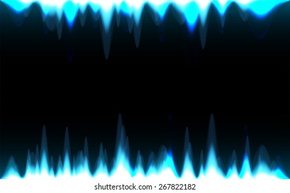 Sound waves oscillating glow blue light, Abstract technology background. Vector. dark black background. text box. card. label. banner. Brochure. frame