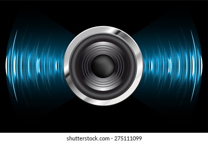 Sound waves oscillating glow blue light, Abstract technology background. Vector. Speaker.