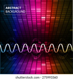 Sound waves oscillating glow blue pink orange light, Vector. pixel. mosaic. table. dark Abstract Technology background for computer graphic website internet business. text box.card