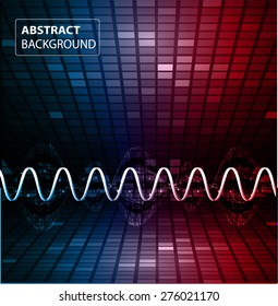 Sound waves oscillating glow blue red  light, Vector. pixel. mosaic. table. dark Abstract Technology background for computer graphic website internet business. text box.card