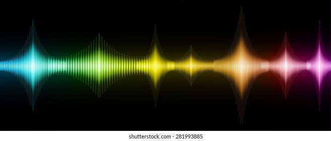 Sound waves oscillating glow blue green yellow orange purple light, Abstract technology background. Vector.
