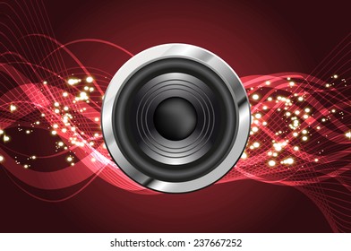 Sound waves oscillating glow dark red light, Abstract technology background. Vector. speakers.