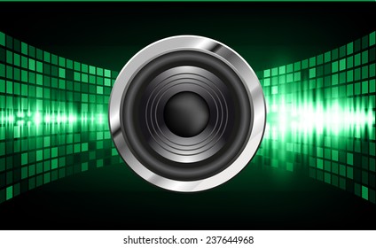 Sound waves oscillating glow green color light, Abstract graphic computer technology background. 