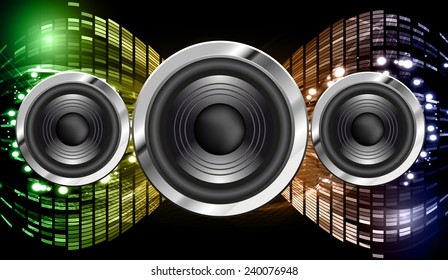 Sound waves oscillating glow green orange blue color light, Abstract graphic computer technology background.