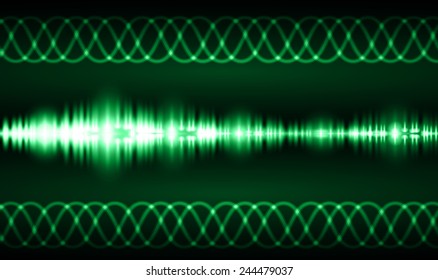 Sound waves oscillating glow green light, Abstract technology background. Vector.