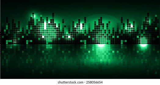 Sound waves oscillating glow green light, Abstract technology background. Vector. city. building