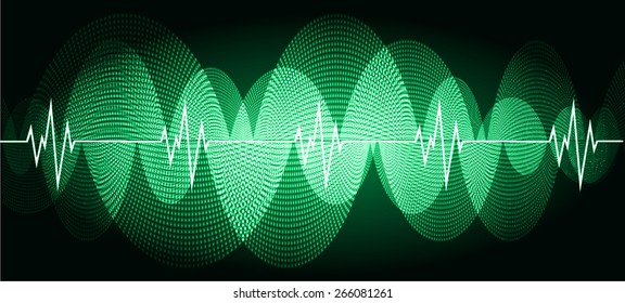 Sound waves oscillating glow green light, Abstract technology background. Vector.