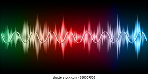 Sound waves oscillating glow green red blue light, Abstract technology background. Vector. black background.