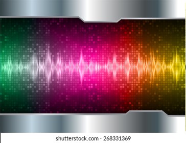 Sound waves oscillating glow green pink yellow light, Abstract technology background. Vector. black background. silver