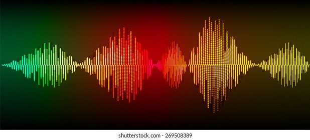 Sound waves oscillating glow green orange red yellow light, Abstract technology background. Vector. black background. 