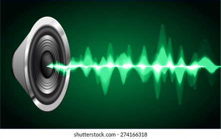 Sound waves oscillating glow green light, Abstract technology background. Vector. volume.