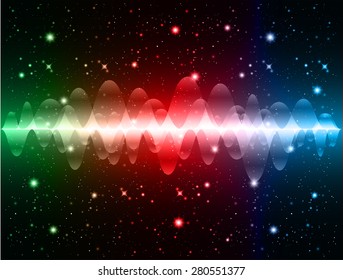 Sound waves oscillating glow green red blue light, Abstract technology background. Vector. star. neon.