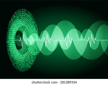 Sound waves oscillating glow green light, Abstract technology background. Vector.