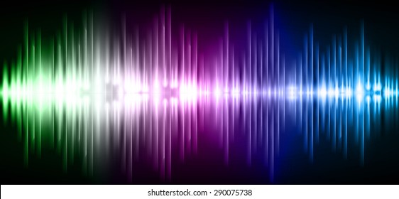 Sound waves oscillating glow green purple blue light, Abstract technology background. Vector. infographics
