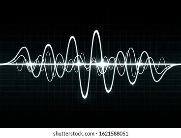 Sound waves oscillating glow light Audio voice rhythm radio wave, music frequency spectrum on dark backdrop . Abstract technology equalizer background - Vector