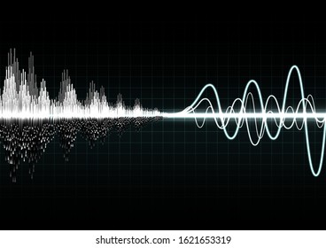 Sound waves oscillating glow light Audio voice rhythm radio wave, music frequency spectrum and glowing neon signal on dark backdrop . Abstract technology equalizer background - Vector