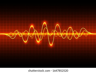 Sound waves oscillating . Glow light frequency audio waveform on dark backdrop . Abstract wave voice graph signal, Red digital equalizer technology background - Vector