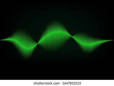 Sound waves oscillating . Glow light frequency audio Green waveform on dark backdrop . Abstract wave voice graph signal, digital equalizer technology background - Vector
