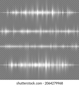 Sound waves oscillating glow light in white tone on background. Futuristic sound wave visualization. Neon waves in music production. Synthetic music technology sample. Vector illustration