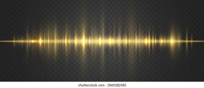 Sound waves oscillating glow light in yellow tone on background. Futuristic sound wave visualization. Neon waves in music production. Synthetic music technology sample. Vector illustration