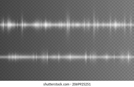 Sound waves oscillating glow light in white tone on background. Futuristic sound wave visualization. Neon waves in music production. Synthetic music technology sample. Vector illustration