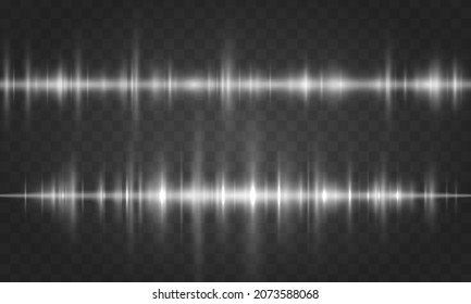Sound waves oscillating glow light in white tone on background. Futuristic sound wave visualization. Neon waves in music production. Synthetic music technology sample. Vector illustration