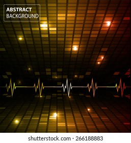 Sound waves oscillating glow orange light, Abstract technology background. Vector. pulse. Pixel, mosaic, table