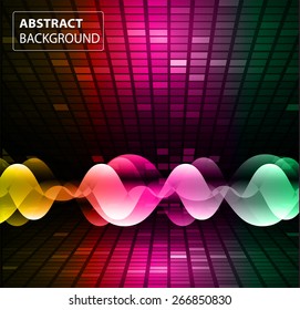 Sound waves oscillating glow orange pink purple green light, Abstract technology background. Vector.