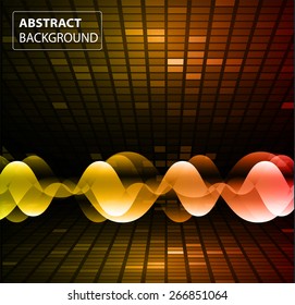 Sound waves oscillating glow orange light, Abstract technology background. Vector.