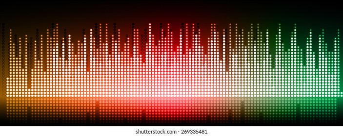 Sound waves oscillating glow orange red green light, Abstract technology background. Vector. black background. city. building