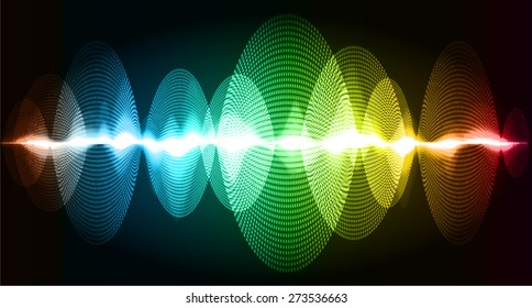 Sound waves oscillating glow orange blue green yellow red light, Abstract technology background and business. Vector. infographics. volume. dark background