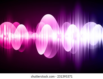 Sound waves oscillating glow pink purple light, Abstract technology background. Vector. pixel.