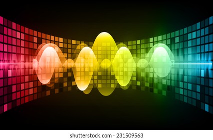 Sound waves oscillating glow pink yellow blue light, Abstract technology background. Vector. pixel.