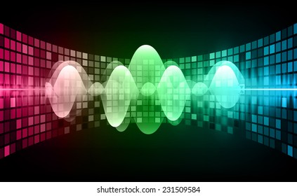 Sound waves oscillating glow pink green blue light, Abstract technology background. Vector. pixel.