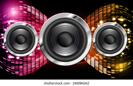 Sound waves oscillating glow pink orange yellow color light, Abstract graphic computer technology background.