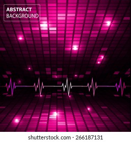 Sound waves oscillating glow pink light, Abstract technology background. Vector. pulse. Pixel, mosaic, table